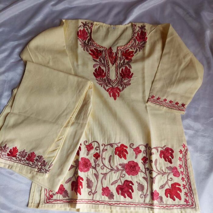 Light Yellow Aari Work Kids Crush Cotton Kurta With Trousers (L 22)