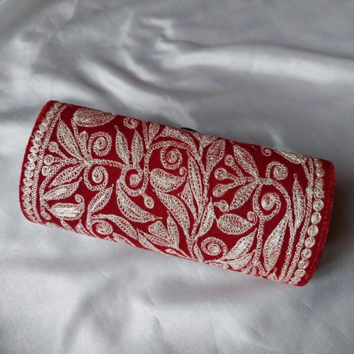 Dark Red Makhmal Clutch With Silver Tilla Work - Image 3
