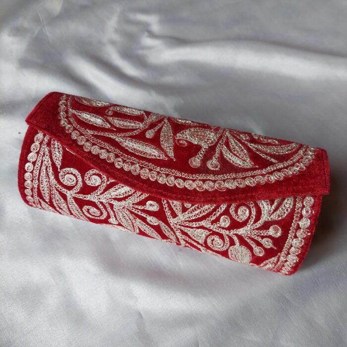 Dark Red Makhmal Clutch With Silver Tilla Work