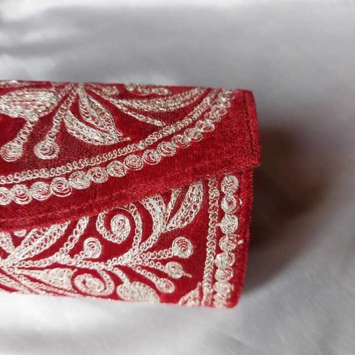 Dark Red Makhmal Clutch With Silver Tilla Work - Image 2