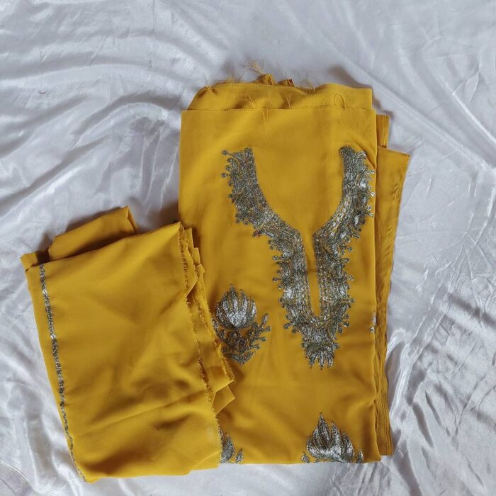Pure Georgette Mustard Tilla Work 3Pc Suit