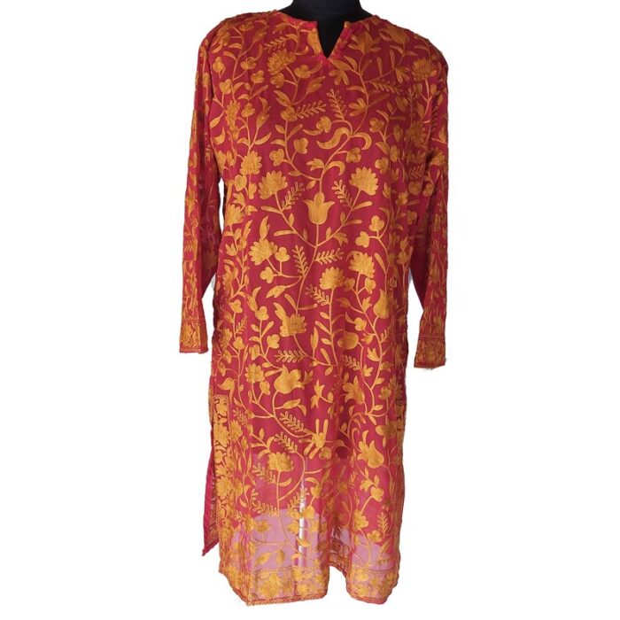 Red Georgette Full Aari Work Kurti - Image 2