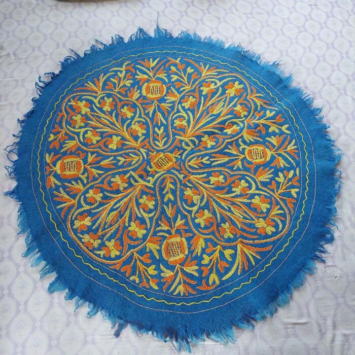 Blue Round Handmade Aari Embroidered Namda Rug 5x5