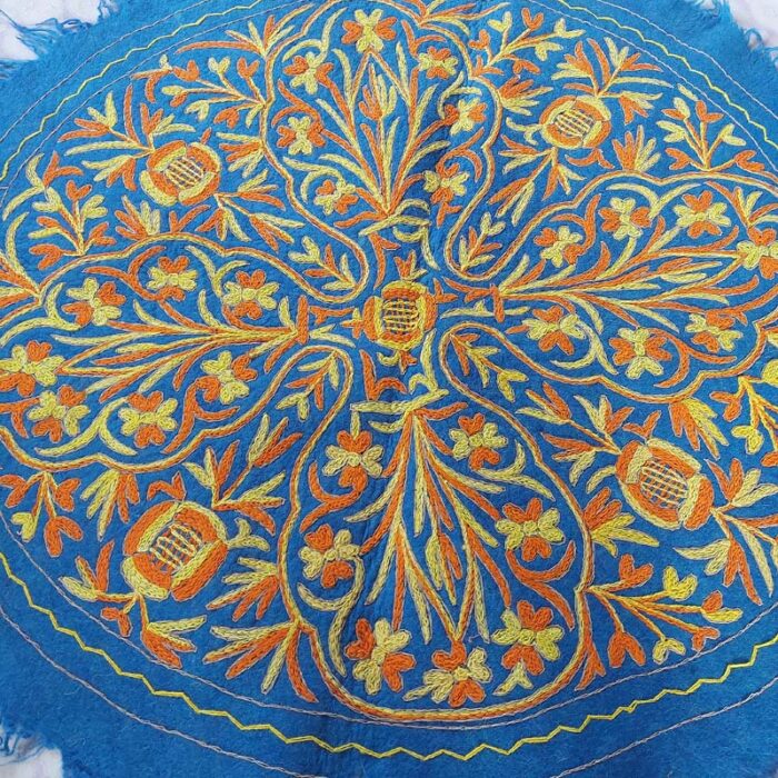 Blue Round Handmade Aari Embroidered Namda Rug 5x5 - Image 2