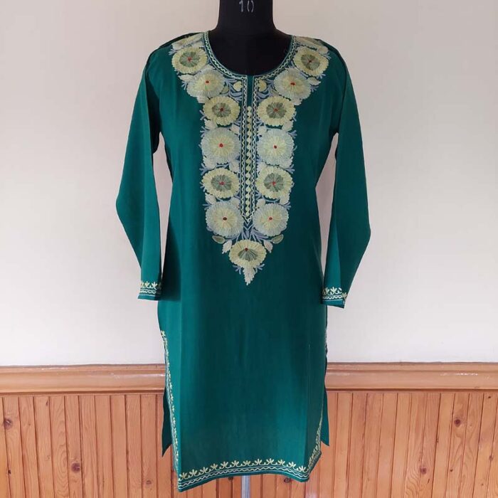 Dark Green Summer Kashmiri Aari Kurta - Image 3
