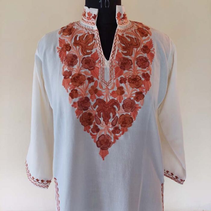 White Harud Summer Kashmiri Aari Work Kurta