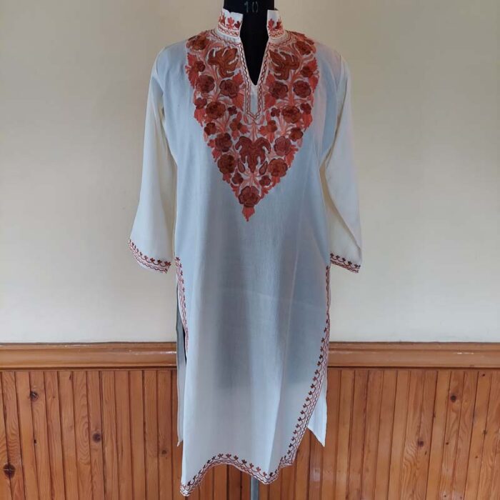 White Harud Summer Kashmiri Aari Work Kurta - Image 2