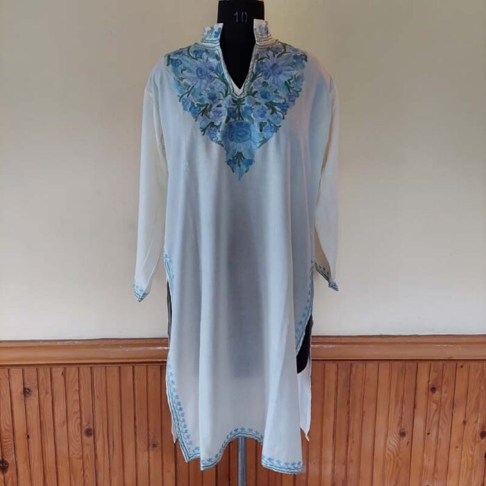 White Summer Kashmiri Aari Work Kurta - Image 2
