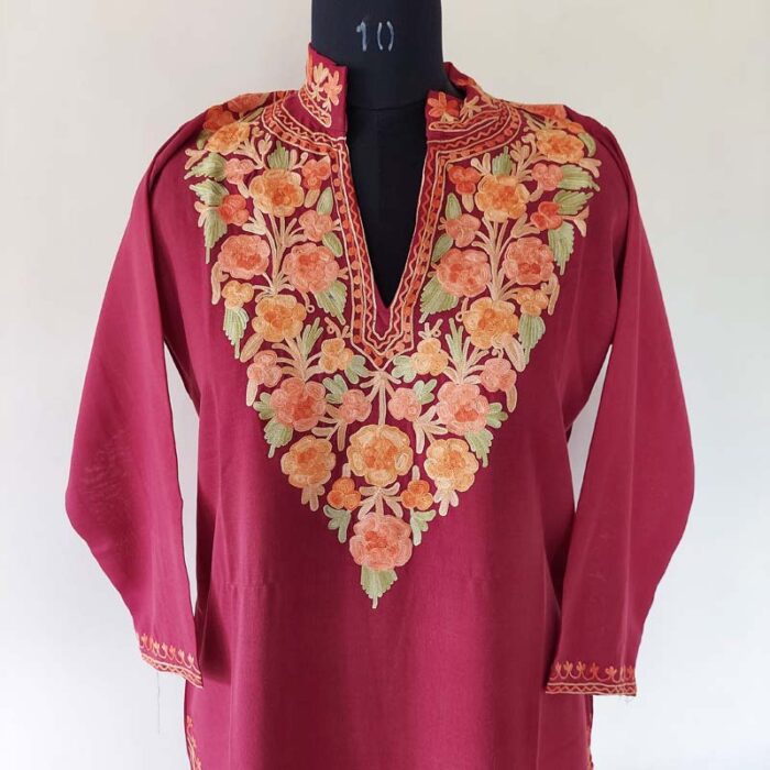 Maroon Summer Kashmiri Aari Work Kurta with Collar