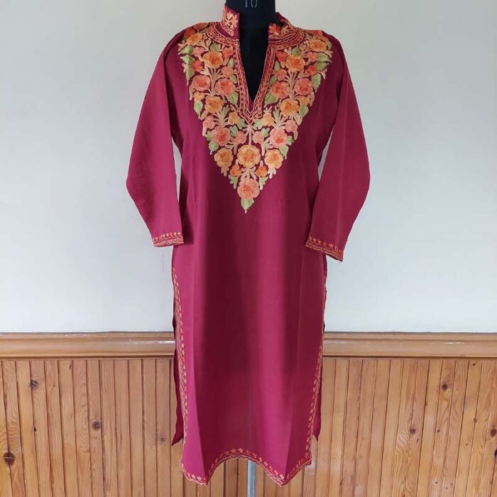 Maroon Summer Kashmiri Aari Work Kurta with Collar - Image 2