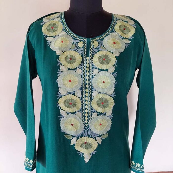 Dark Green Summer Kashmiri Aari Kurta