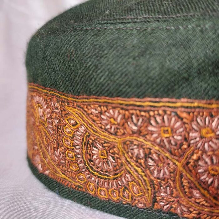 Dark Green Pashmina Hand Sozni Cap - Image 2