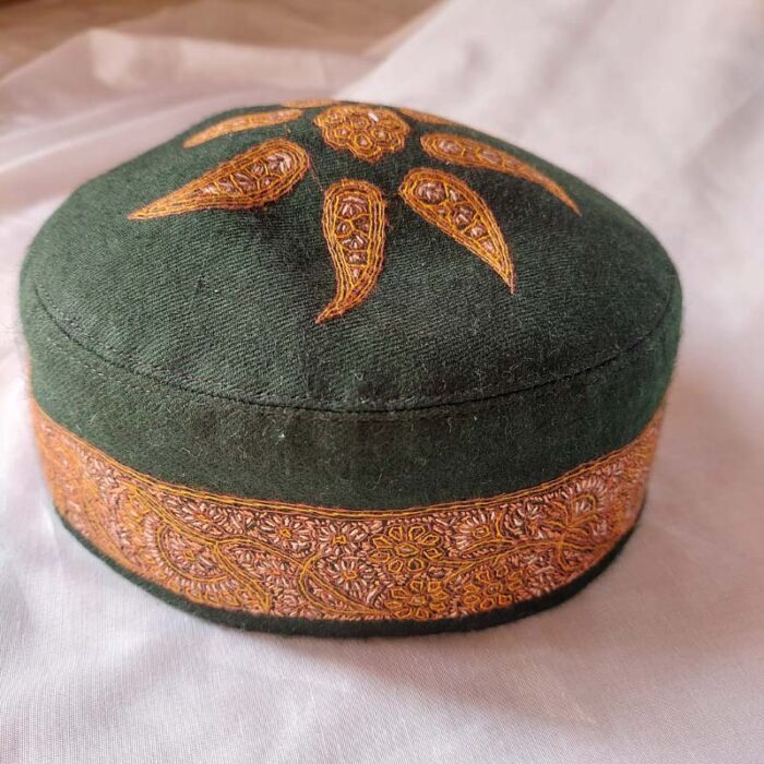 Dark Green Pashmina Hand Sozni Cap