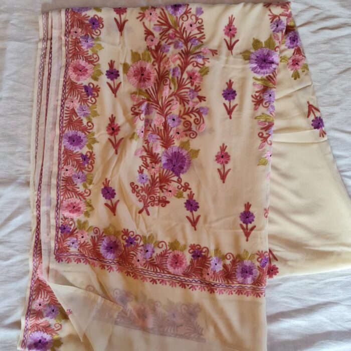 Cream Georgette Aari Embroidery Saree