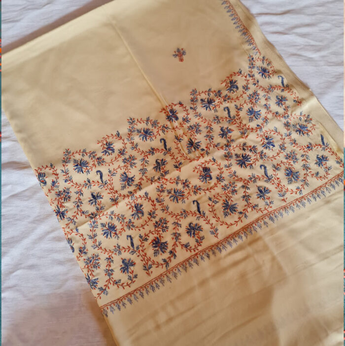 Cream Sozni Hand Embroidered Crepe Saree