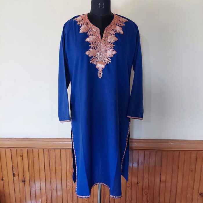 Dark Blue Summer Cool Golden Tilla Work Kurta - Image 3