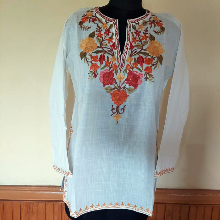 White Floral Summer Short Aari Kurta