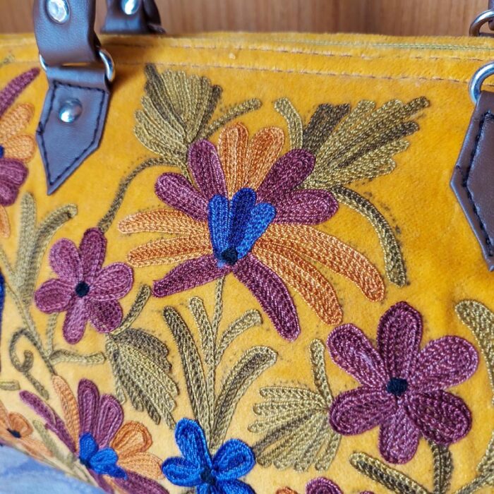 Yellow Suede HandBag with Beautiful Aari Work - Image 2