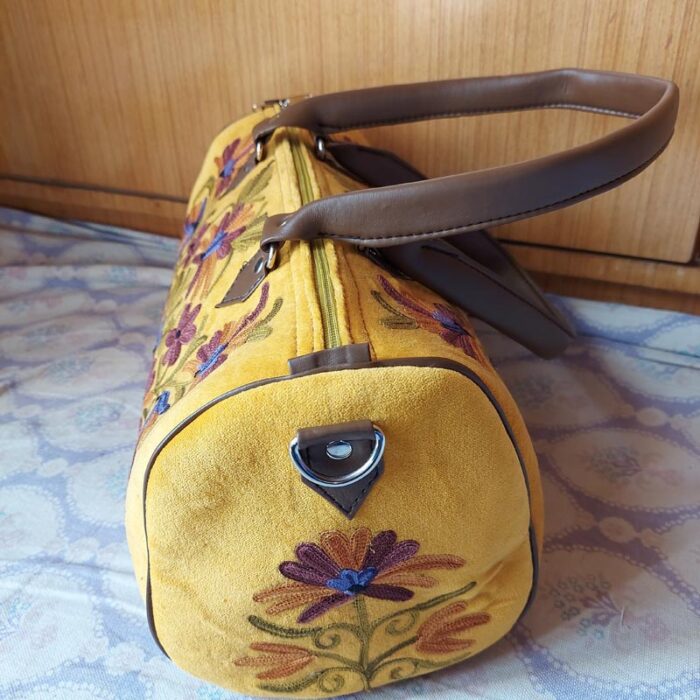 Yellow Suede HandBag with Beautiful Aari Work - Image 3