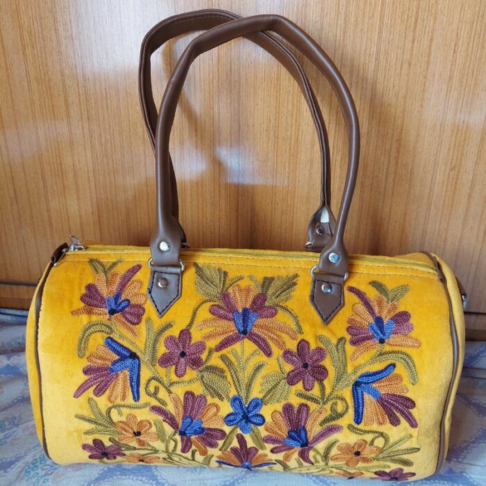 Yellow Suede HandBag with Beautiful Aari Work