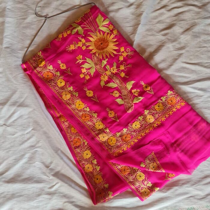 Pink Georgette Aari Embroidery Saree - Image 4