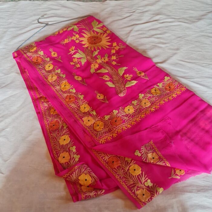 Pink Georgette Aari Embroidery Saree