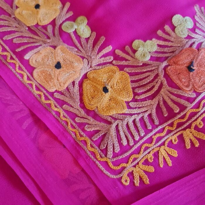 Pink Georgette Aari Embroidery Saree - Image 3