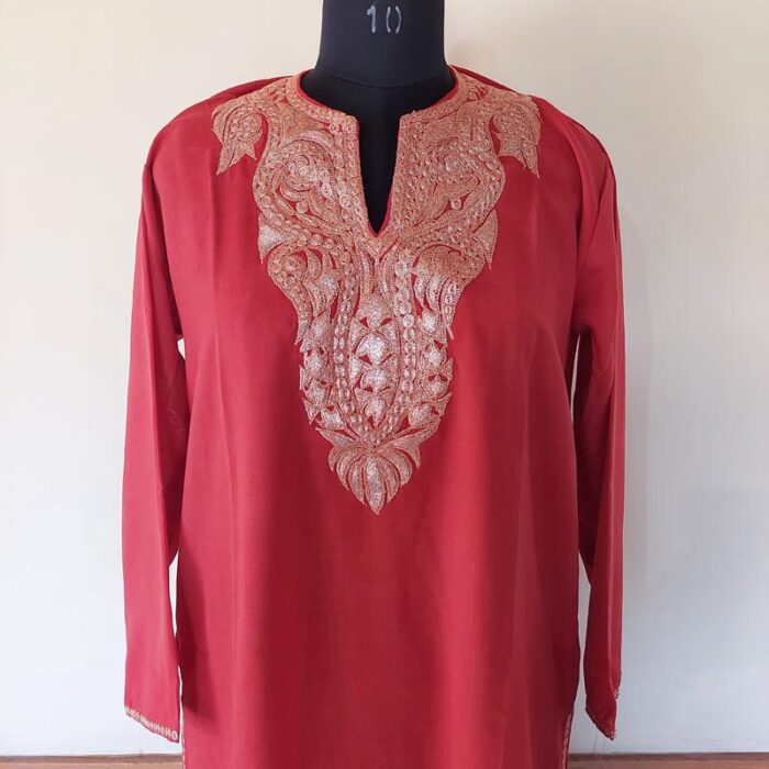 Red Summer Cool Golden Tilla Kurta