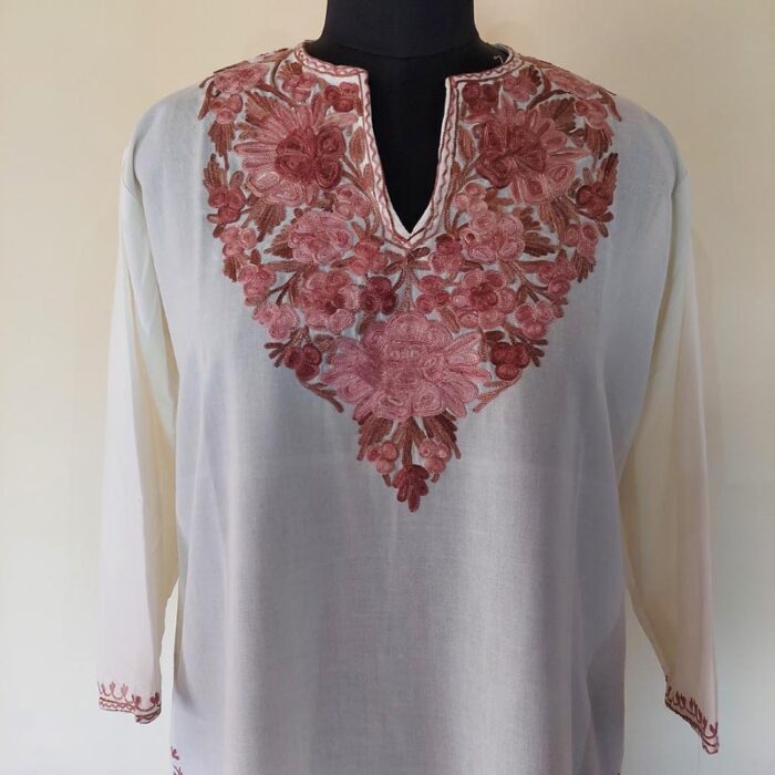 White Summer Cool Maroon Aari Kurta