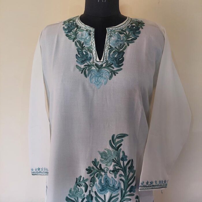 White Summer Cool Green Aari Kurta