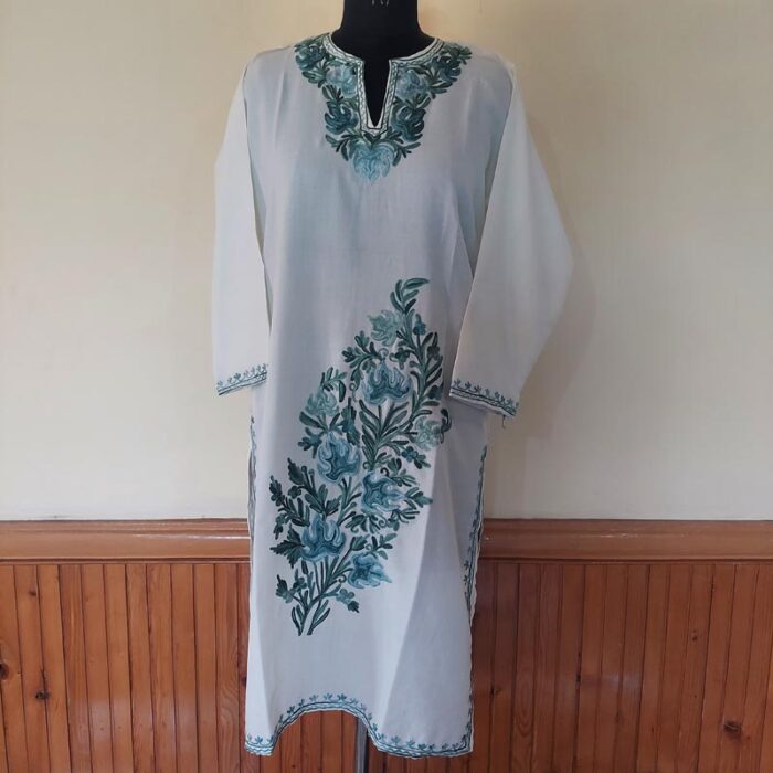 White Summer Cool Green Aari Kurta - Image 2