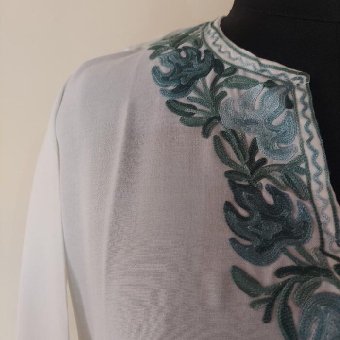 White Summer Cool Green Aari Kurta - Image 3