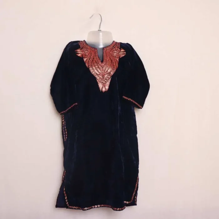 Dark Navy Blue Velvet Kids Pheran (7-8y) - Image 2