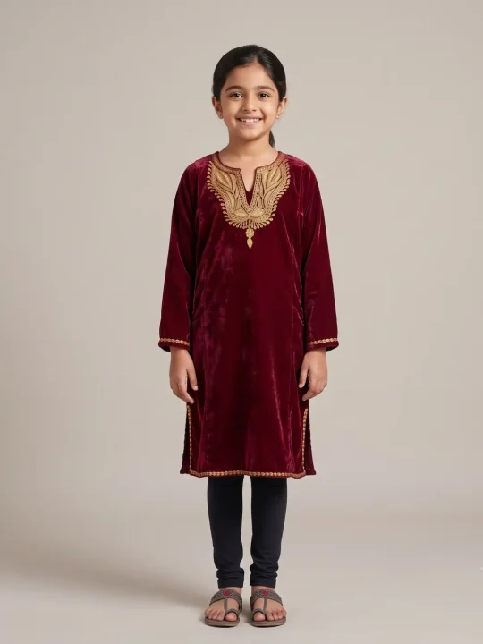Durefishan Magenta Velvet Kashmiri Girls Phiran (10-11 Years)