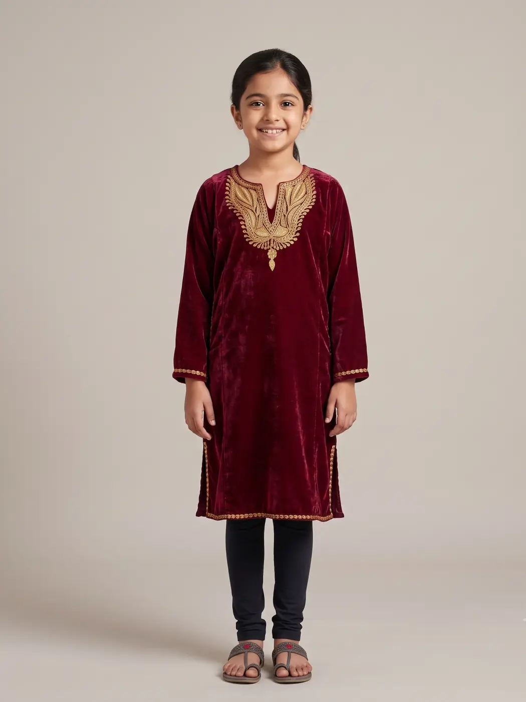 Durefishan Magenta Velvet Kashmiri Girls Phiran (10-11 Years)