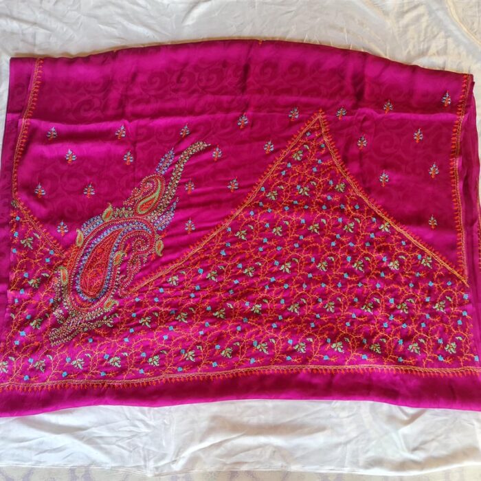 Magenta Authentic Kashmiri Sozni Handcrafted Chiffon Self Printed Saree