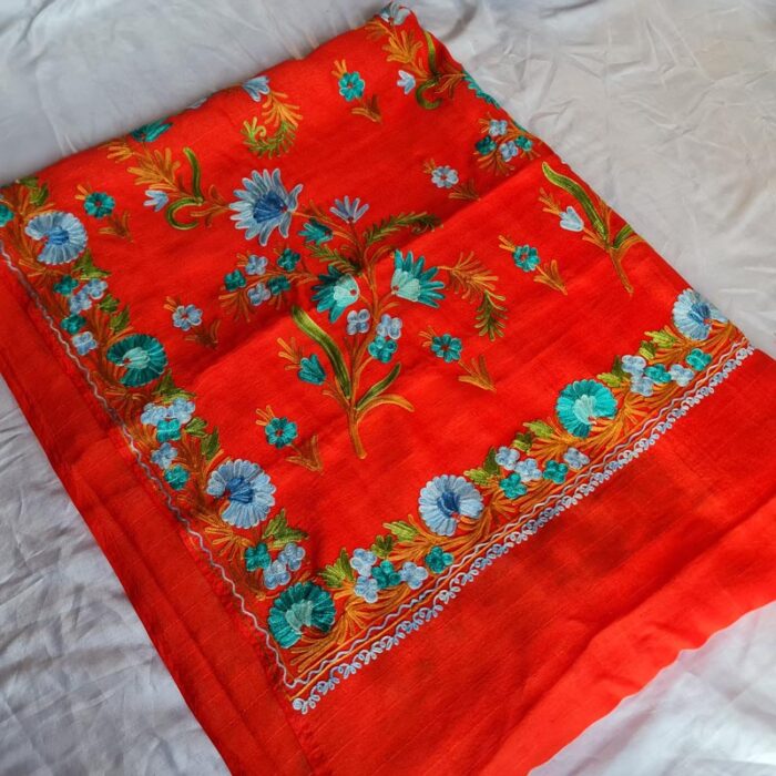 Orange Silk Embroidered Saree With Floral Paisely Pattern