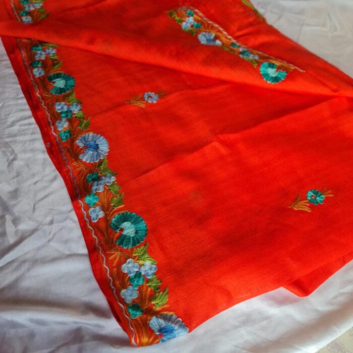 Orange Silk Embroidered Saree With Floral Paisely Pattern - Image 2