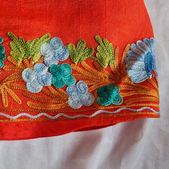 Orange Silk Embroidered Saree With Floral Paisely Pattern - Image 3
