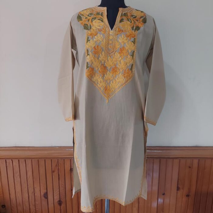 Light Khaki Summer Cool Cotton Aari Kurta - Image 2