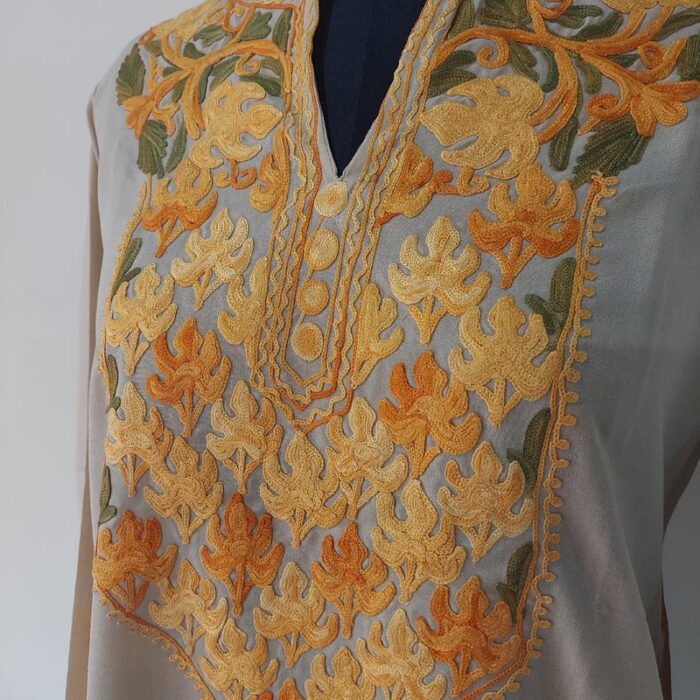 Light Khaki Summer Cool Cotton Aari Kurta - Image 3