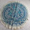 5ft Round Blue on White Handmade Pure Wool Aari Embroidered Namda Rug