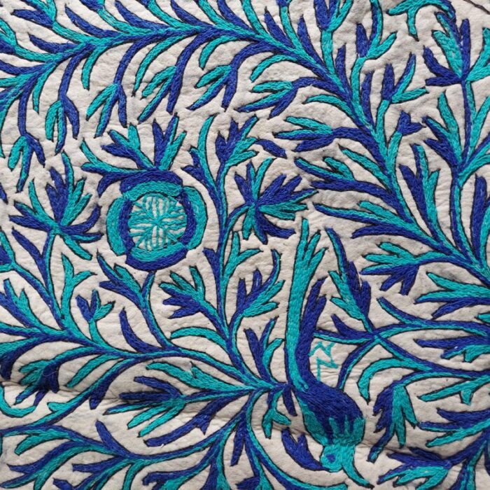 5ft Round Blue on White Handmade Pure Wool Aari Embroidered Namda Rug - Image 5