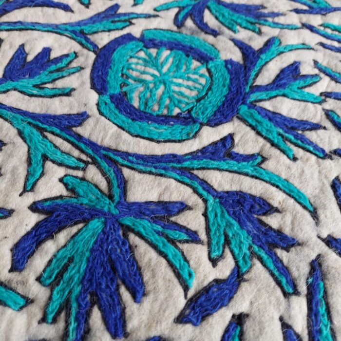 5ft Round Blue on White Handmade Pure Wool Aari Embroidered Namda Rug - Image 4
