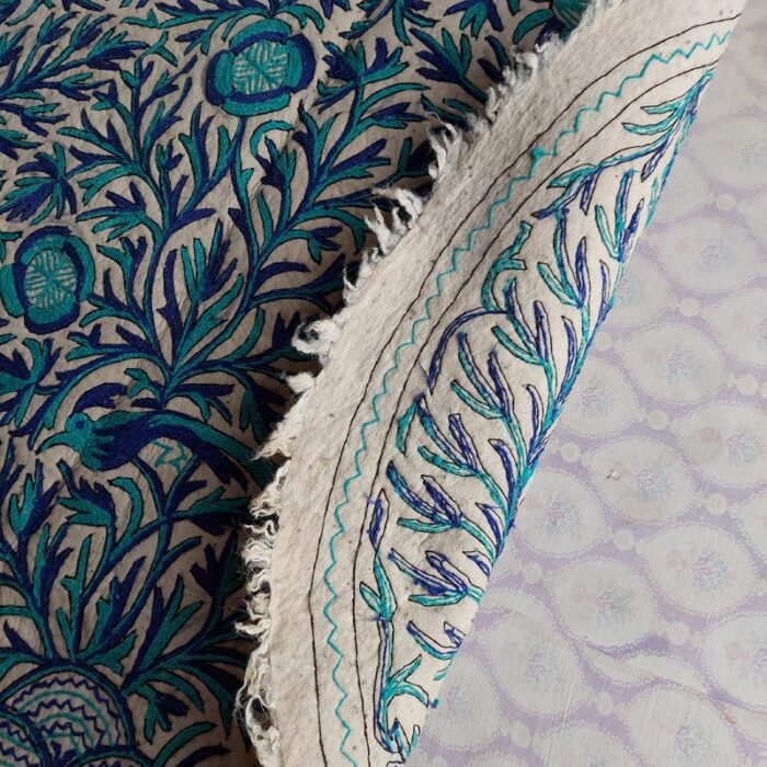 5ft Round Blue on White Handmade Pure Wool Aari Embroidered Namda Rug - Image 6