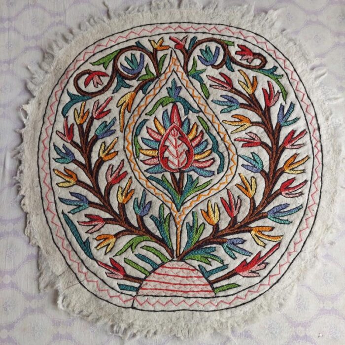 3ft Bloom Round Handmade Pure Wool Aari Embroidered Namda Rug