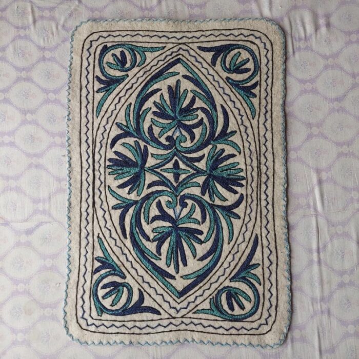 3x2ft Blue Handmade Wool Aari Embroidered Namda Rug