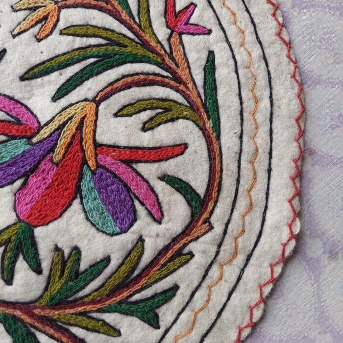 3FT Round Handmade Wool Aari Embroidered Namda Rug - Image 4