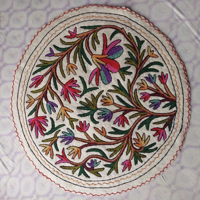 3FT Round Handmade Wool Aari Embroidered Namda Rug