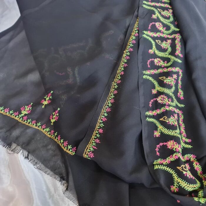 Black Authentic Kashmiri Sozni Handcrafted Georgette Saree - Image 3